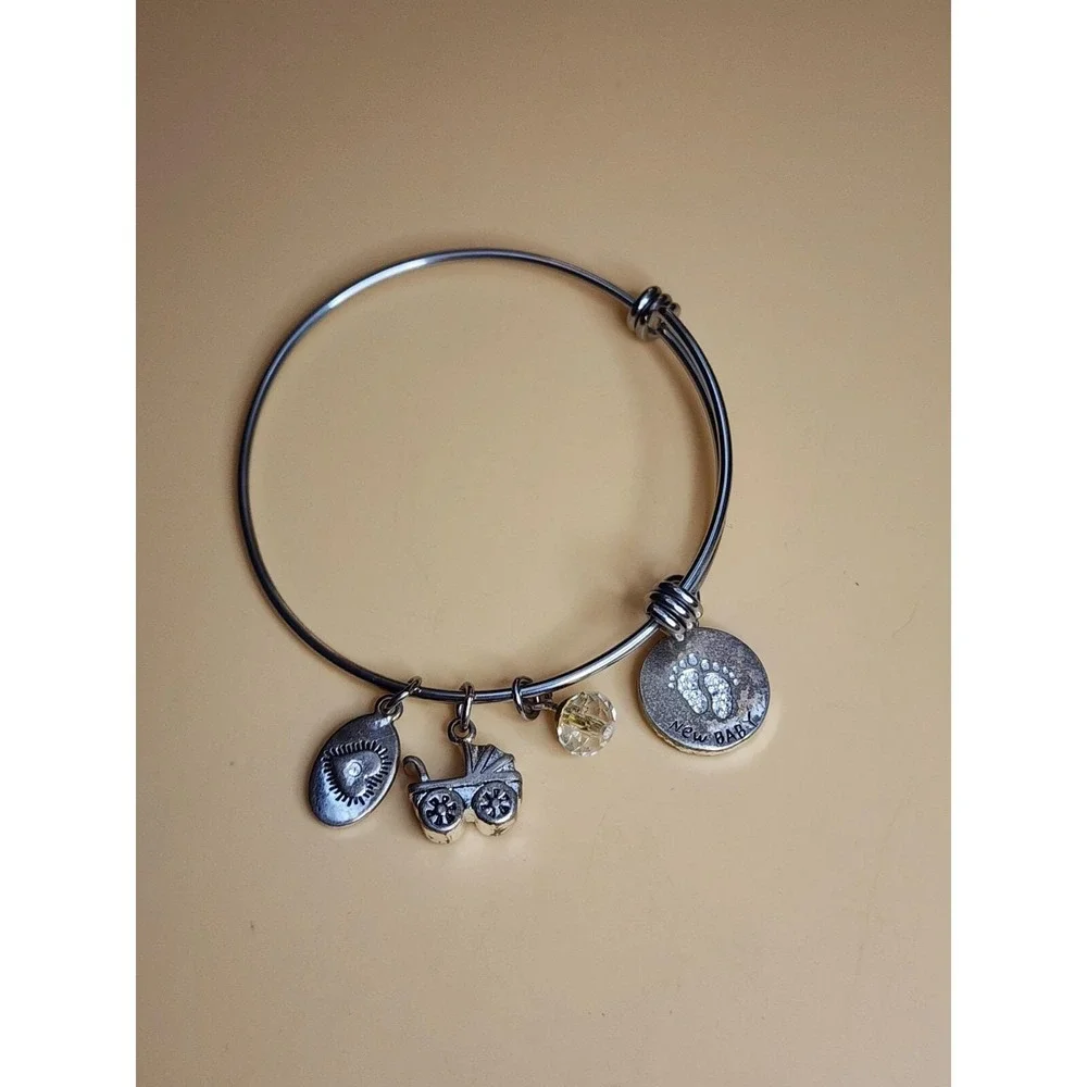 FOOTNOTES 'New Baby' Silver Tone Charm Bracelet Stroller Faceted Crystal & Heart